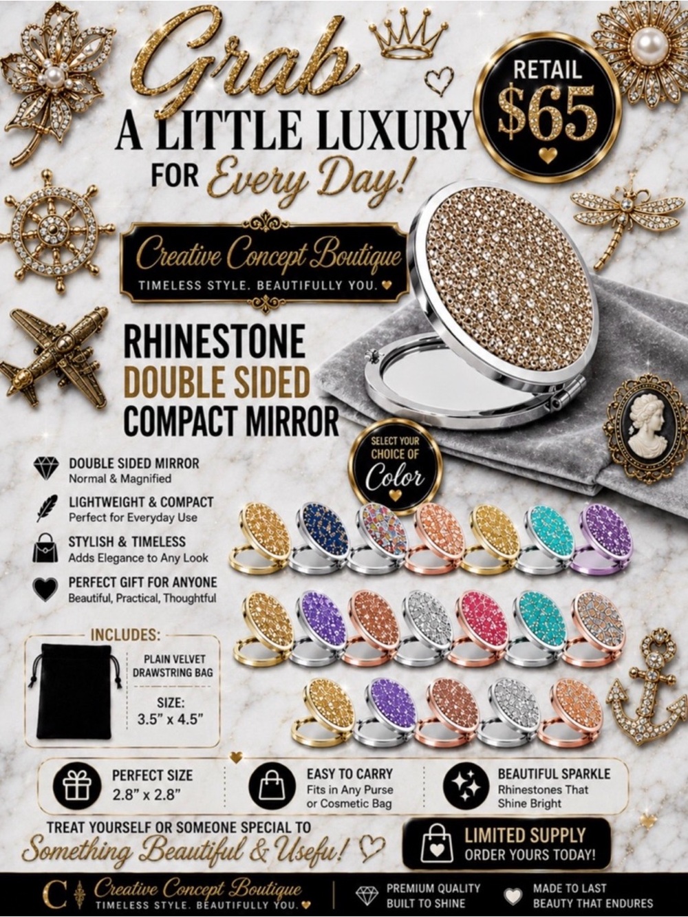Elegant Double Sided Rhinestone compact mirrors w/Velvet Pouch